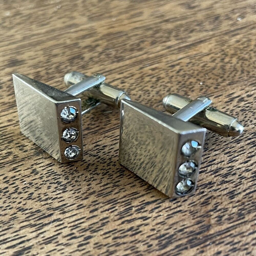 Men's Cuff Links Silver Tone Rhinestones Asymmetrical Square Vintage Retro Party